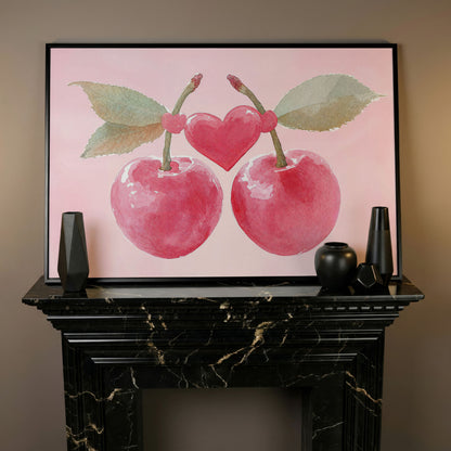Cherry Heart Canvas Print in Watercolor Pink in black floating frame
