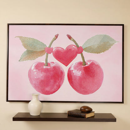Cherry Heart Canvas Print in Watercolor Pink in dark walnut floating frame