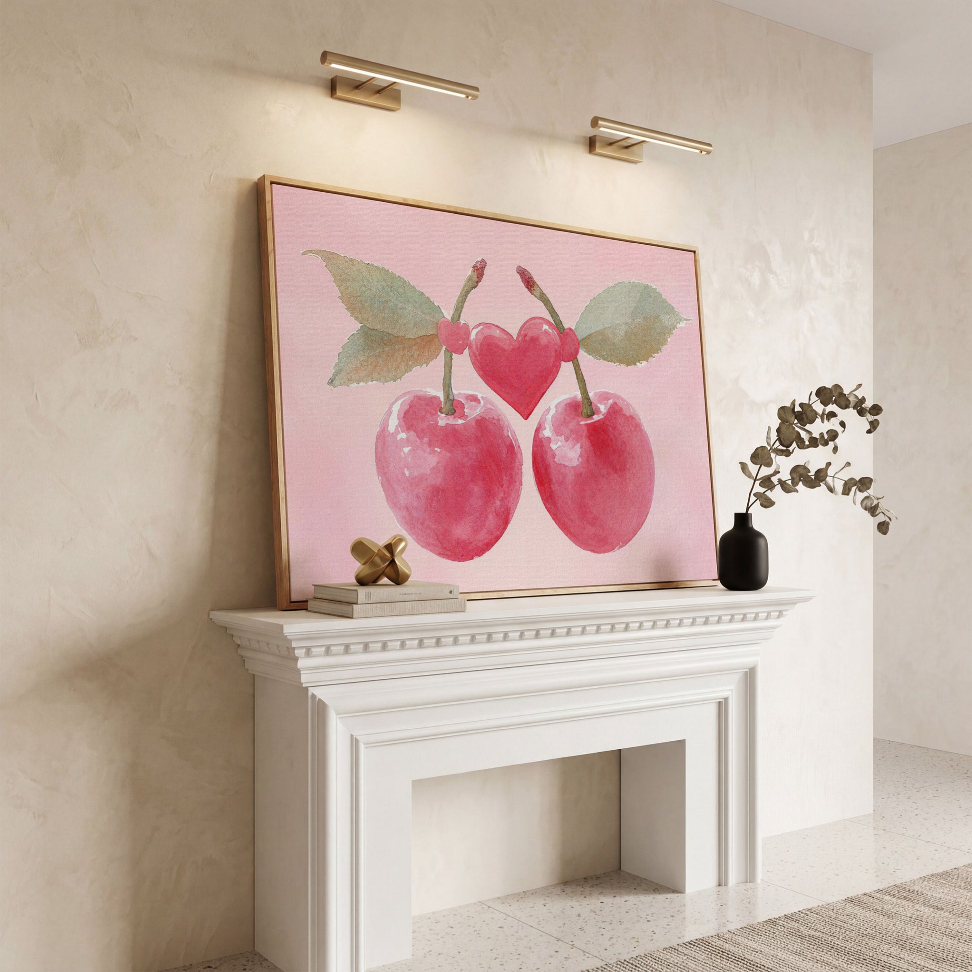 Cherry Heart Canvas Print in Watercolor Pink in white oak floating frame
