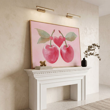 Cherry Heart Canvas Print in Watercolor Pink in white oak floating frame