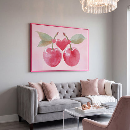 Cherry Heart Canvas Print in Watercolor Pink in pink floating frame