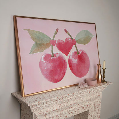 Cherry Heart Canvas Print in Watercolor Pink in rose gold floating frame