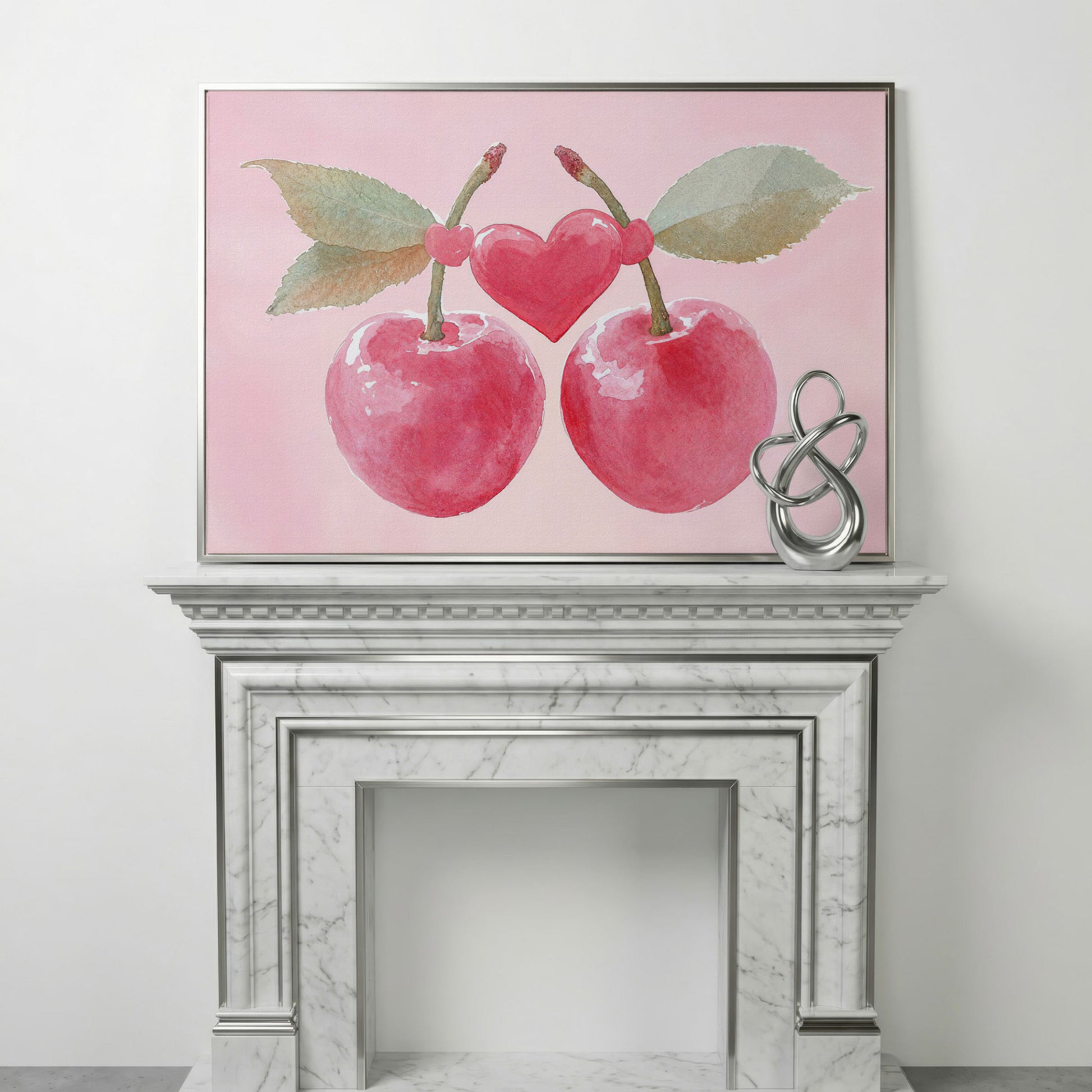 Cherry Heart Canvas Print in Watercolor Pink in silver floating frame