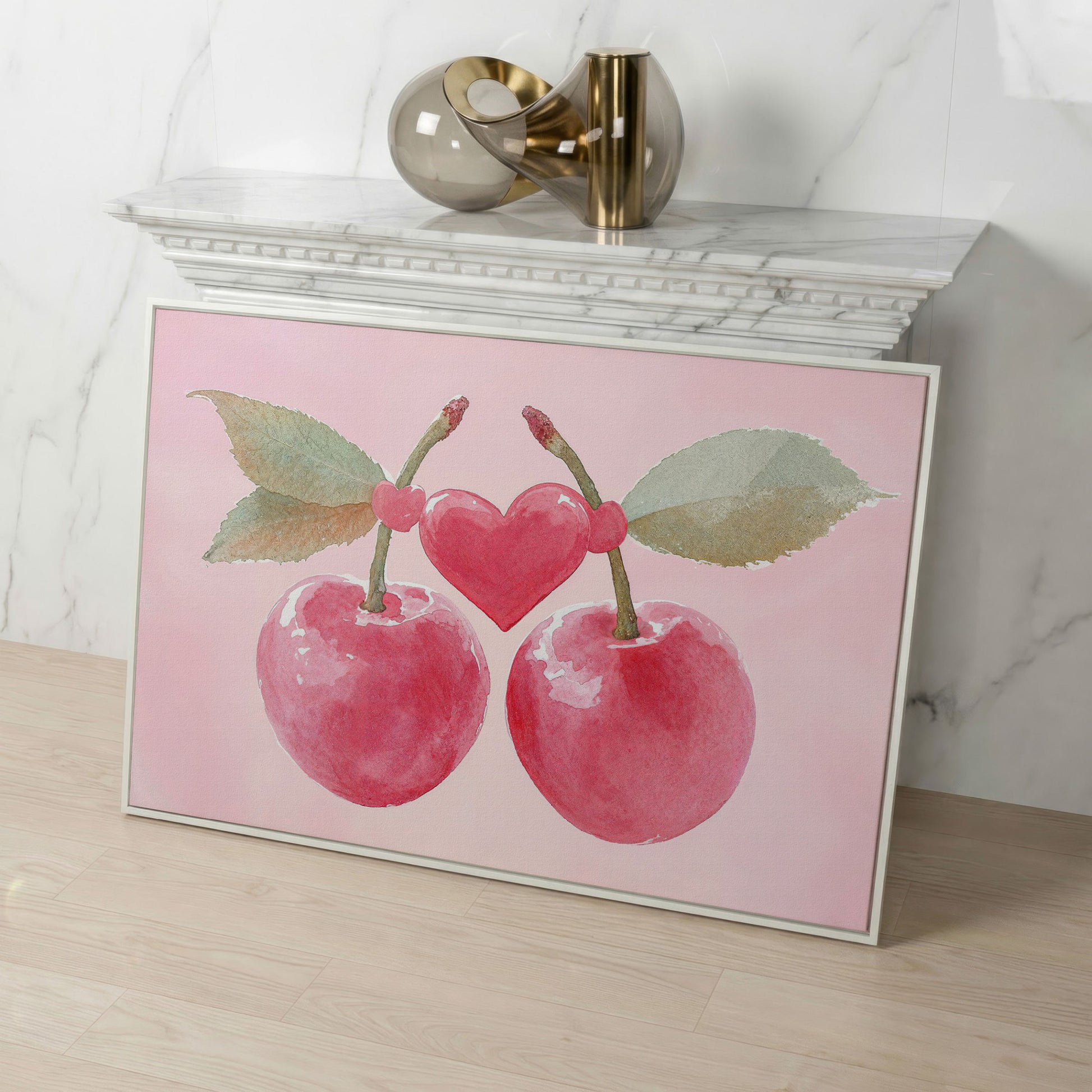 Cherry Heart Canvas Print in Watercolor Pink in white floating frame