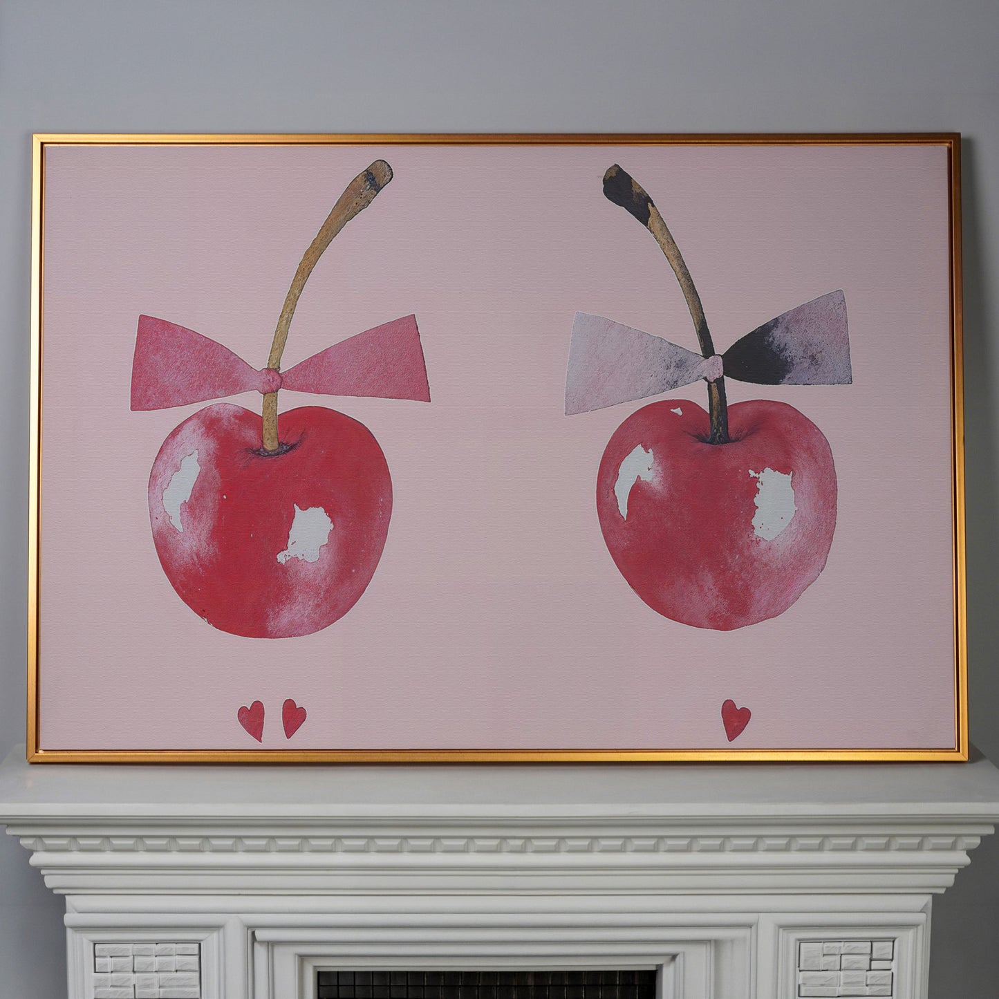 Cherries with Bows Canvas Wall Art in antique gold floating frame