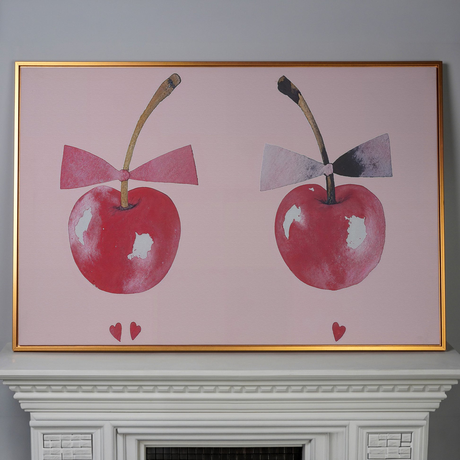 Cherries with Bows Canvas Wall Art in antique gold floating frame