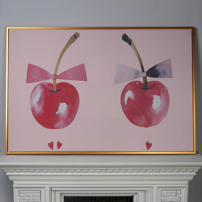Cherries with Bows Canvas Wall Art in antique gold floating frame