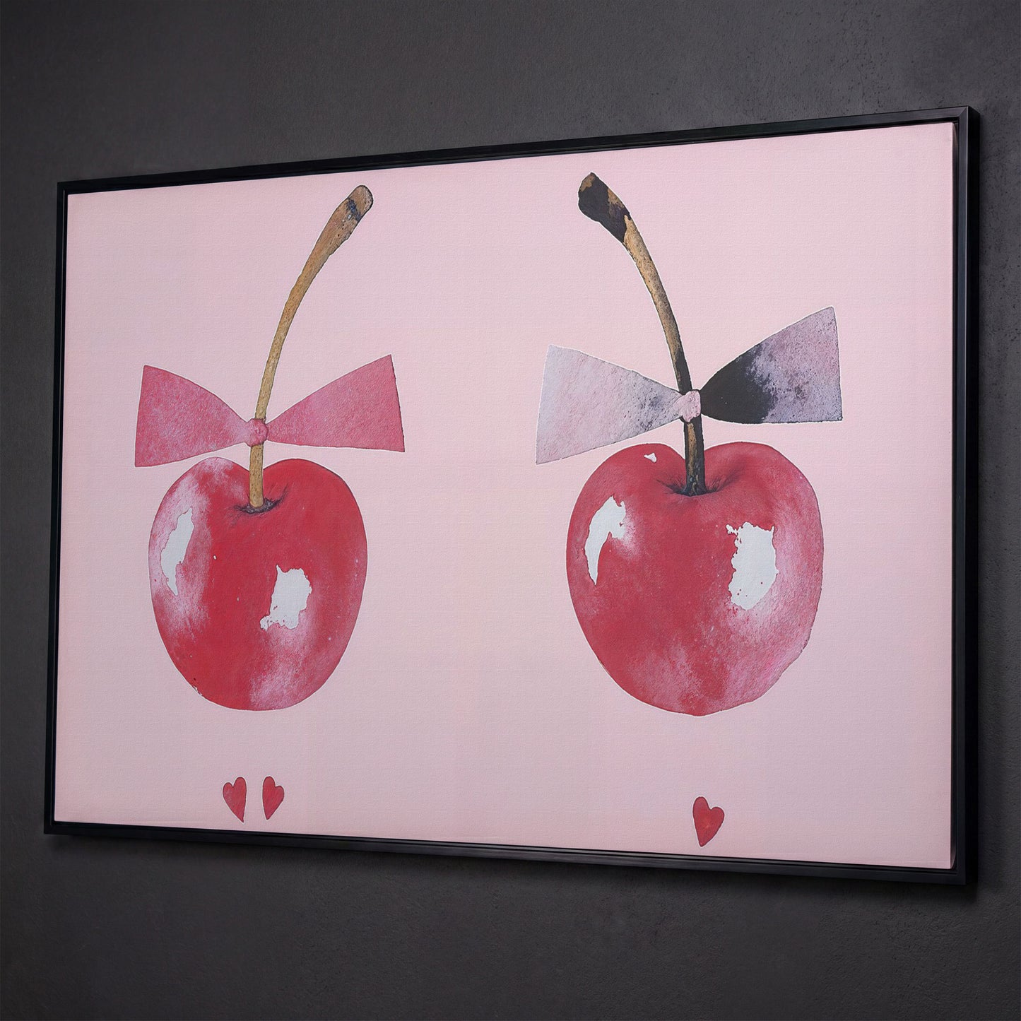 Cherries with Bows Canvas Wall Art shown in black floating frame