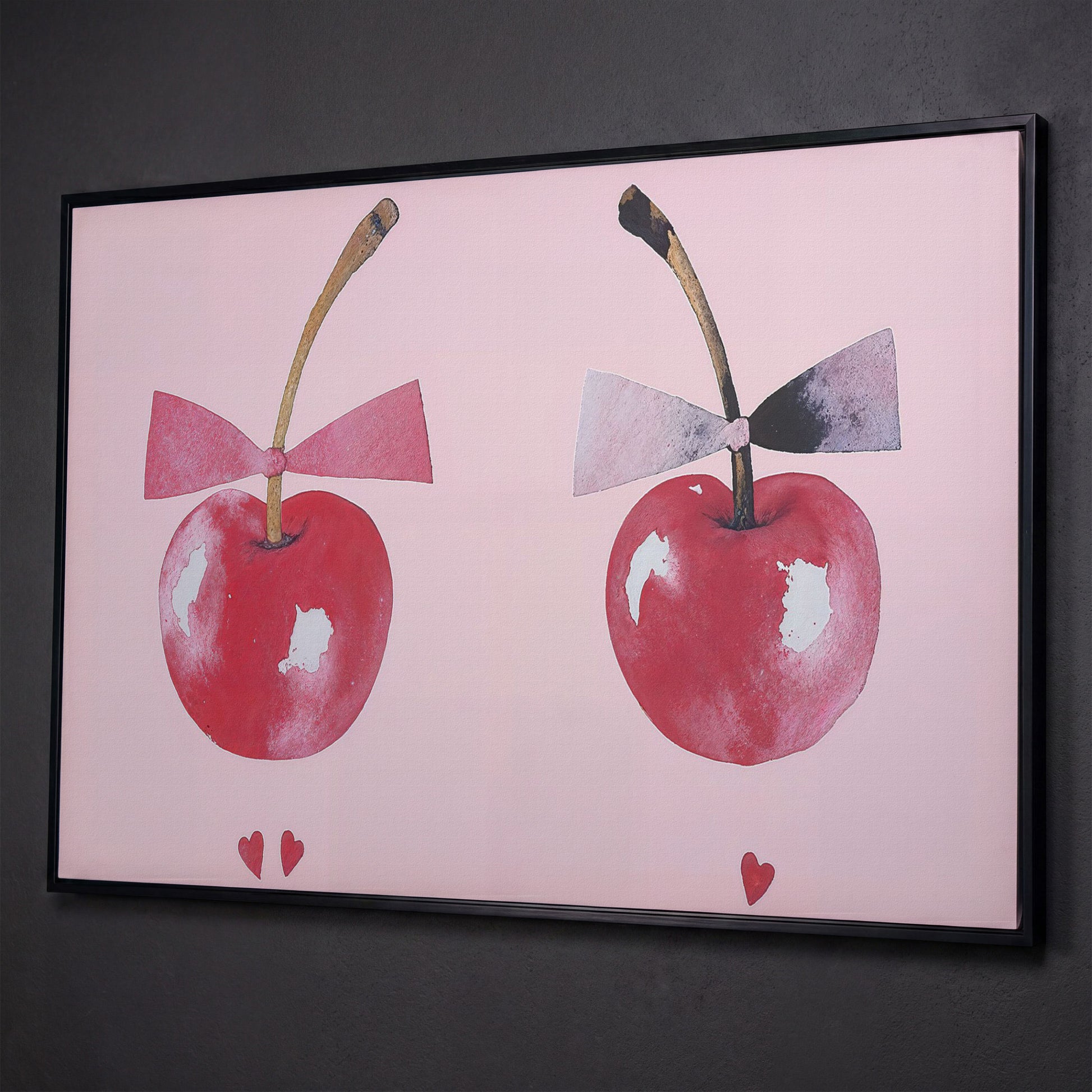 Cherries with Bows Canvas Wall Art shown in black floating frame