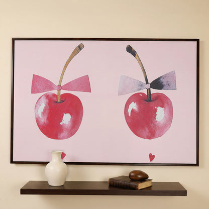 Cherries with Bows Canvas Wall Art in dark walnut floating frame