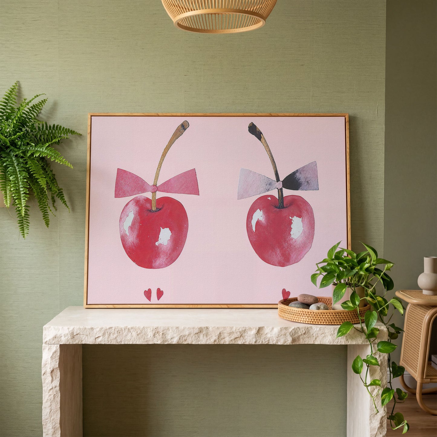 Cherries with Bows Canvas Wall Art in white oak floating frame