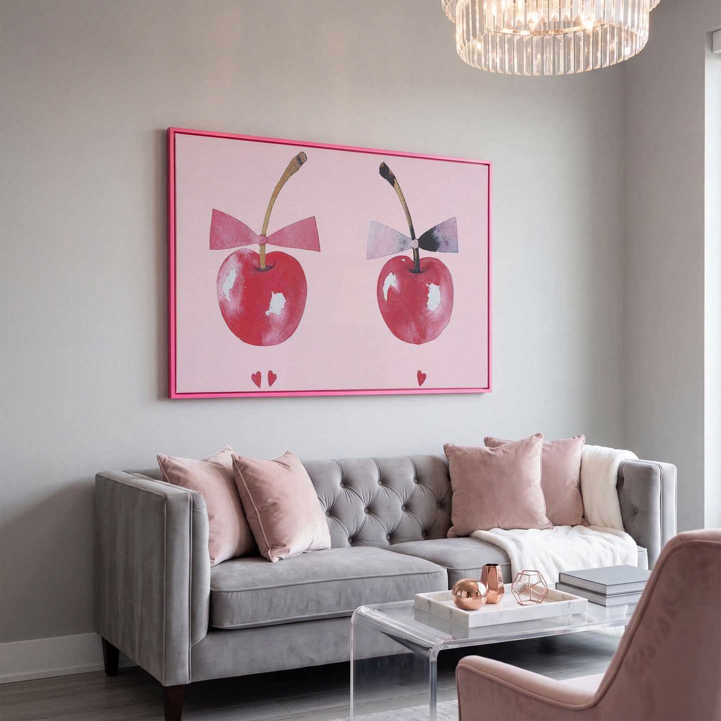 Cherries with Bows Canvas Wall Art in pink floating frame