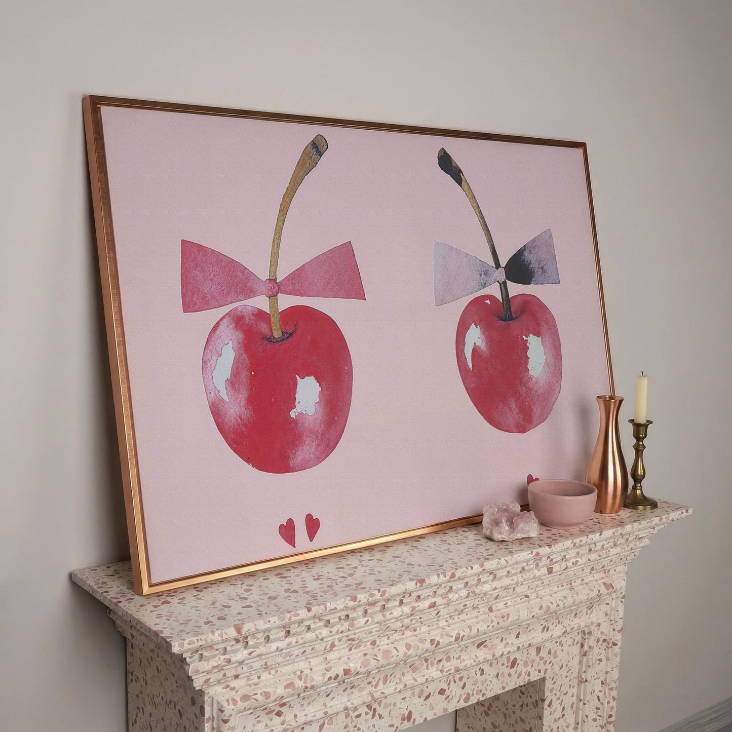 Cherries with Bows Canvas Wall Art in rose gold floating frame