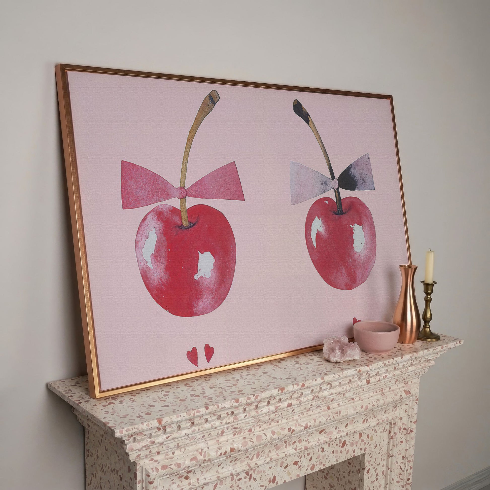 Cherries with Bows Canvas Wall Art in rose gold floating frame