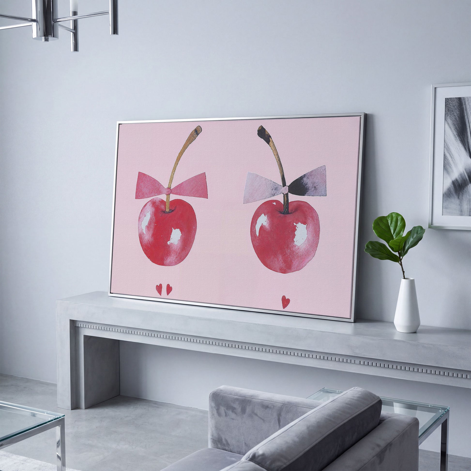 Cherries with Bows Canvas Wall Art in silver floating frame