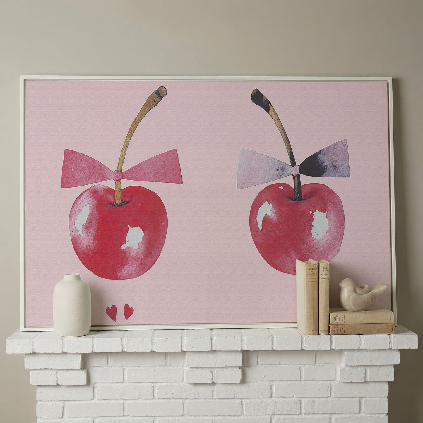 Cherries with Bows Canvas Wall Art in white floating frame