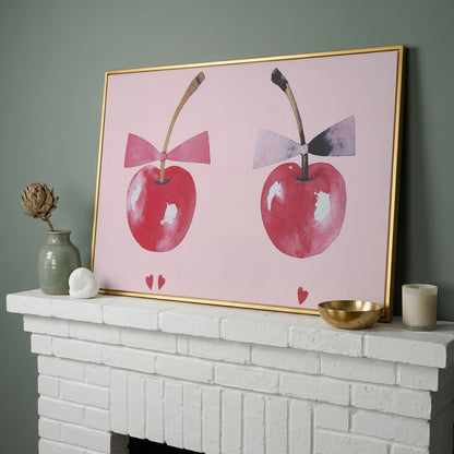 Cherries with Bows Canvas Wall Art in yellow gold floating frame