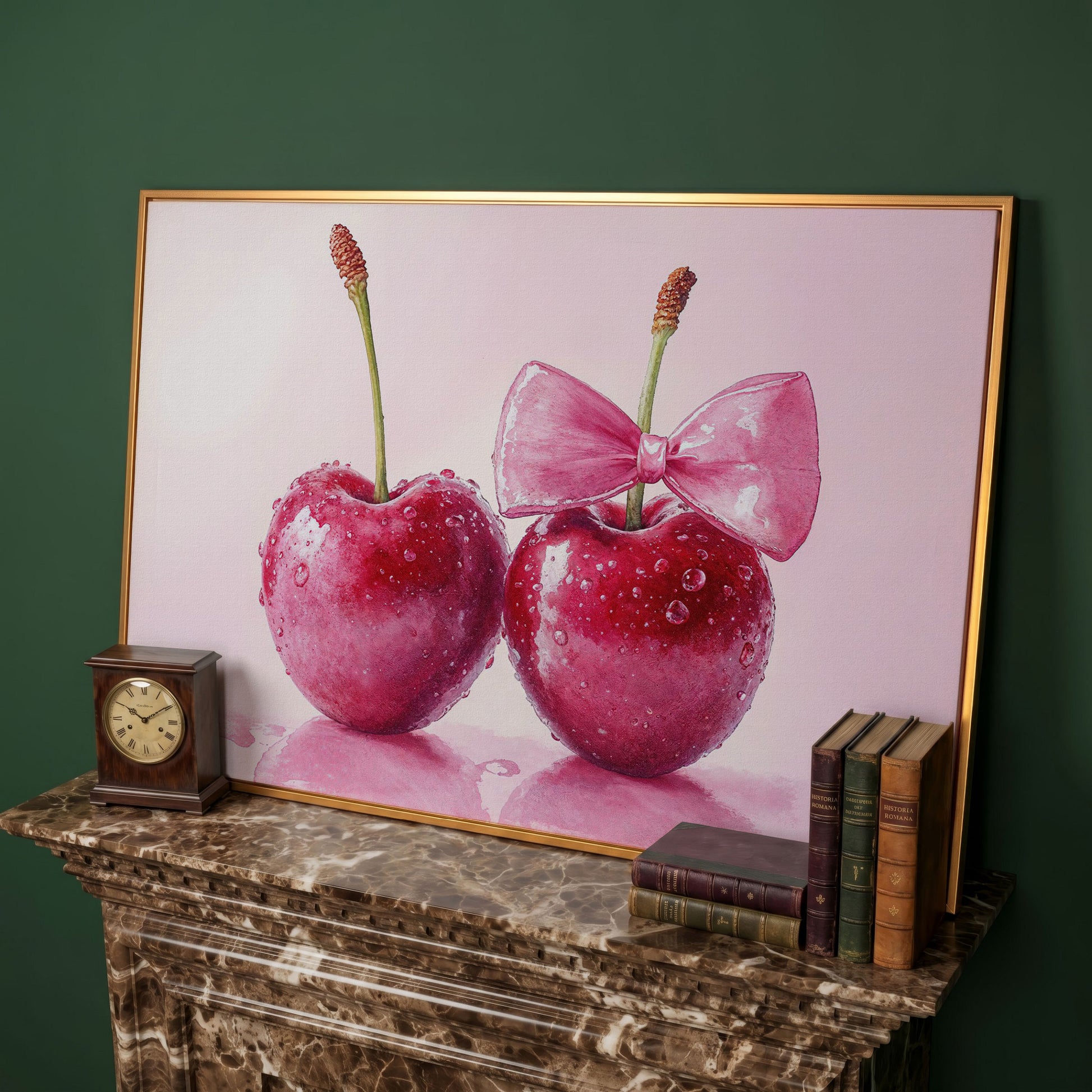 Cherries with Pink Bow Canvas Print in antique gold floating frame