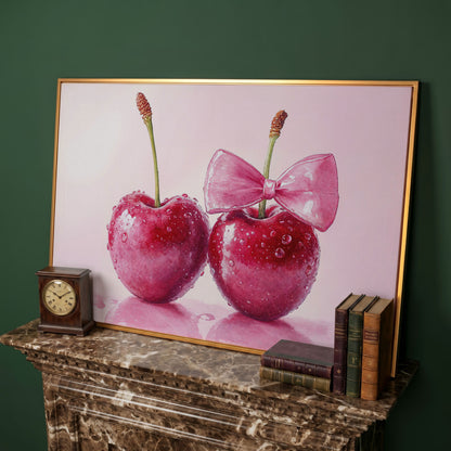 Cherries with Pink Bow Canvas Print in antique gold floating frame