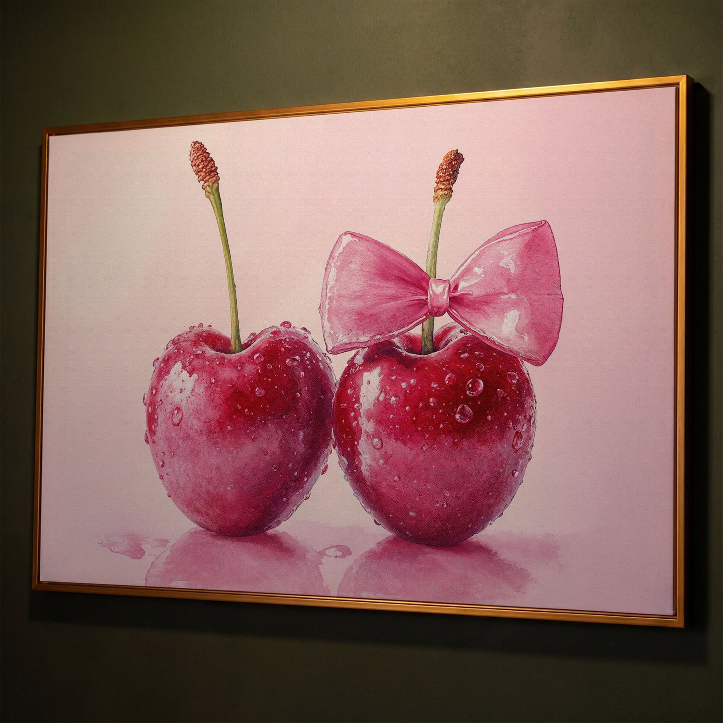 Cherries with Pink Bow Canvas Print shown in antique gold floating frame
