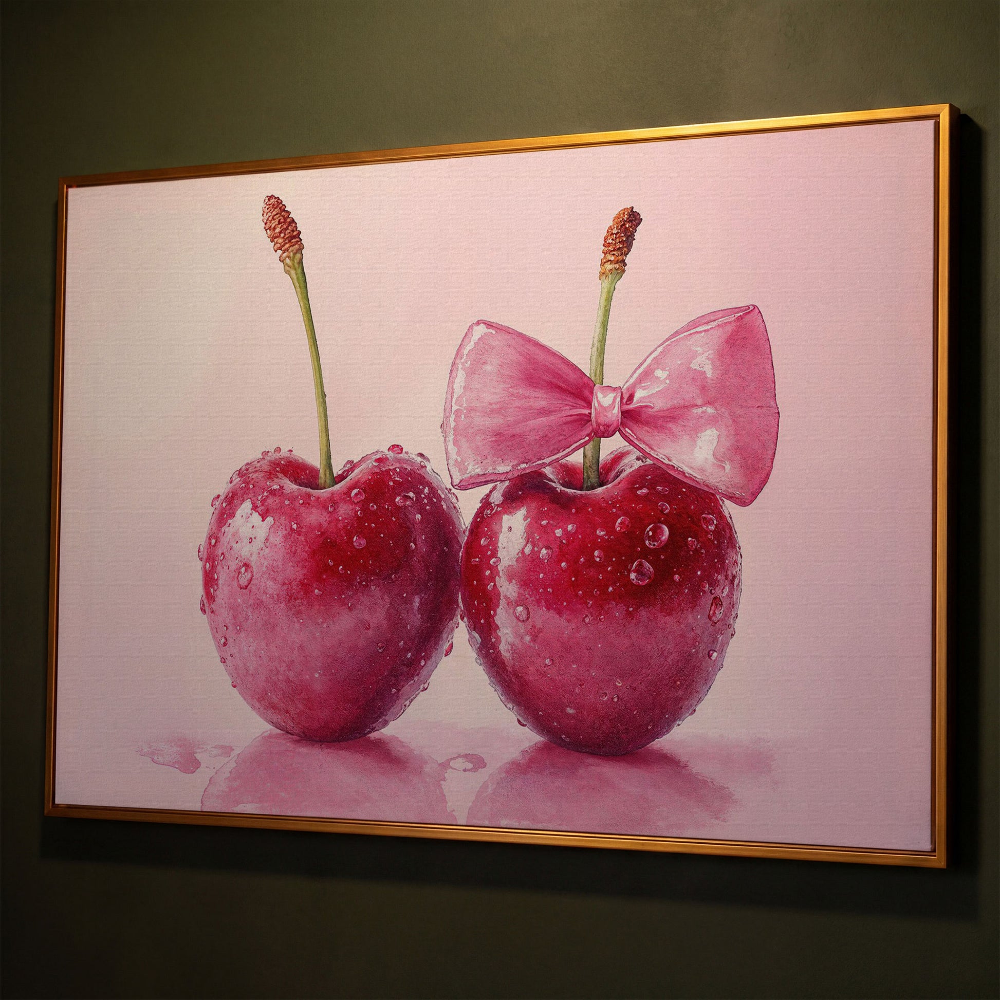 Cherries with Pink Bow Canvas Print shown in antique gold floating frame