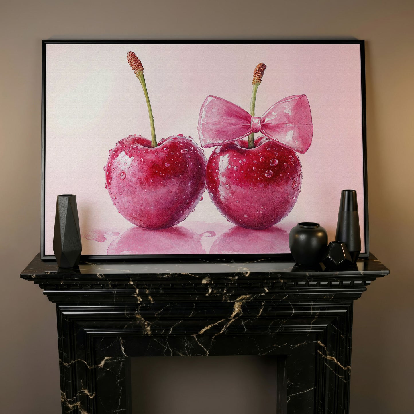 Cherries with Pink Bow Canvas Print in black floating frame
