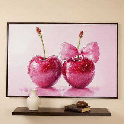 Cherries with Pink Bow Canvas Print in dark walnut floating frame