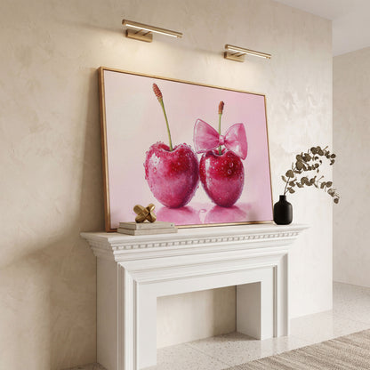 Cherries with Pink Bow Canvas Print in white oak floating frame
