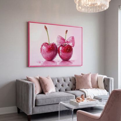 Cherries with Pink Bow Canvas Print in pink floating frame
