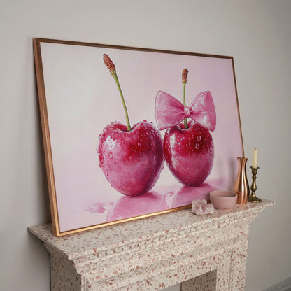 Cherries with Pink Bow Canvas Print in rose gold floating frame