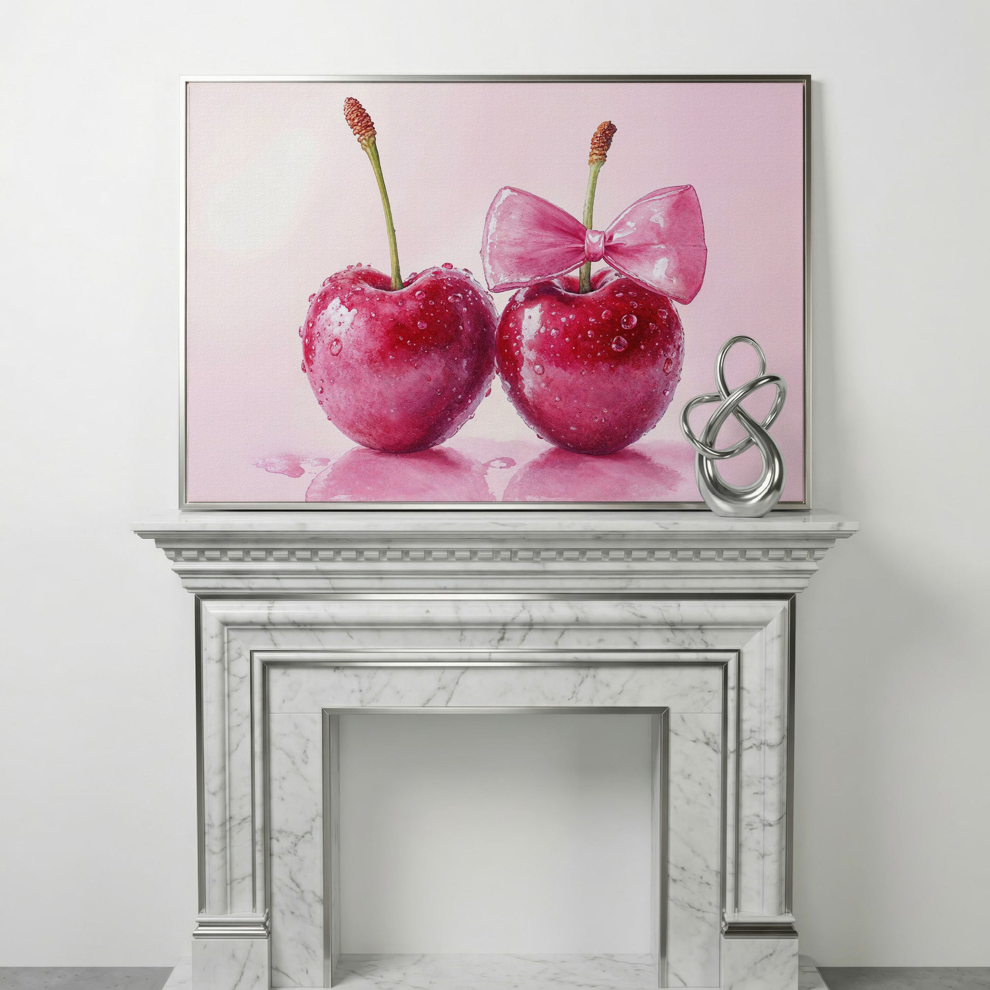 Cherries with Pink Bow Canvas Print in silver floating frame