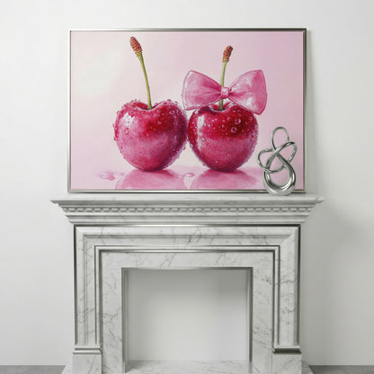 Cherries with Pink Bow Canvas Print in silver floating frame