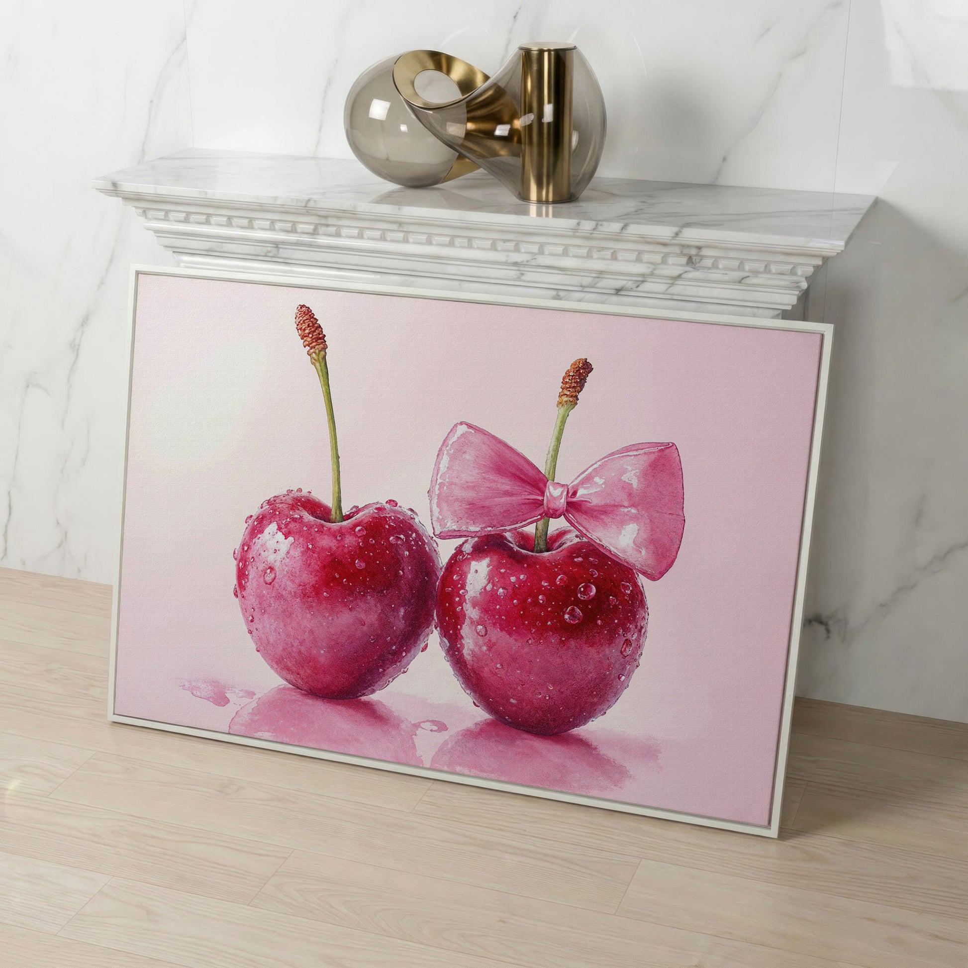 Cherries with Pink Bow Canvas Print in white floating frame