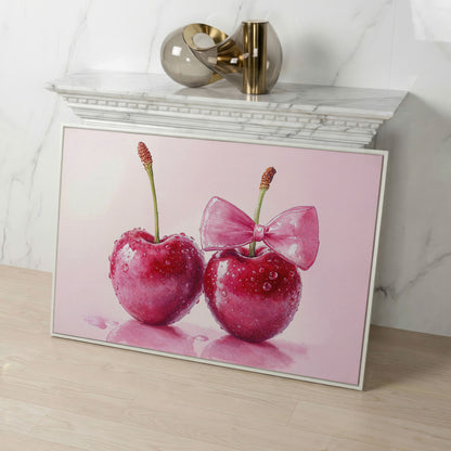 Cherries with Pink Bow Canvas Print in white floating frame