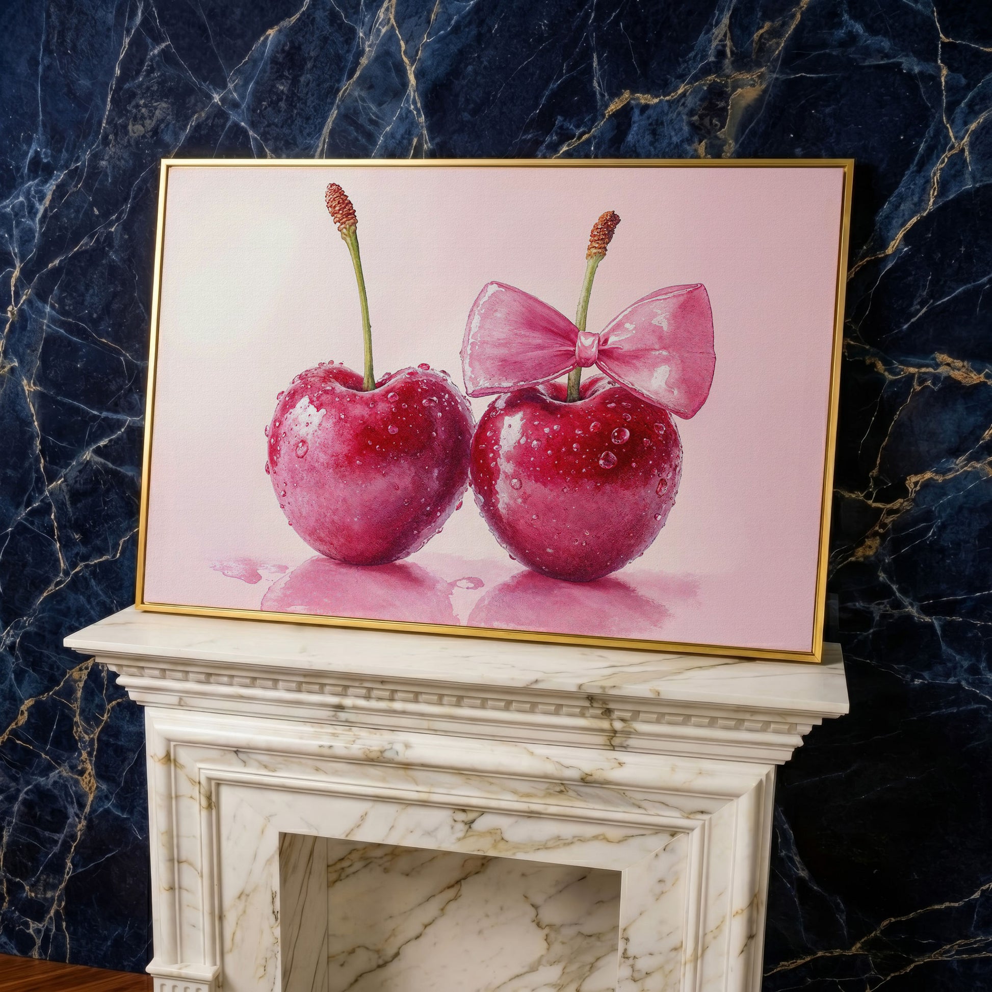 Cherries with Pink Bow Canvas Print in yellow gold floating frame