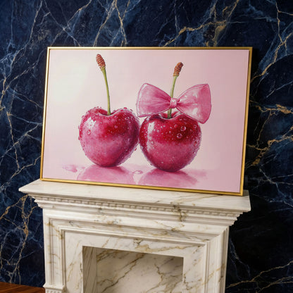 Cherries with Pink Bow Canvas Print in yellow gold floating frame