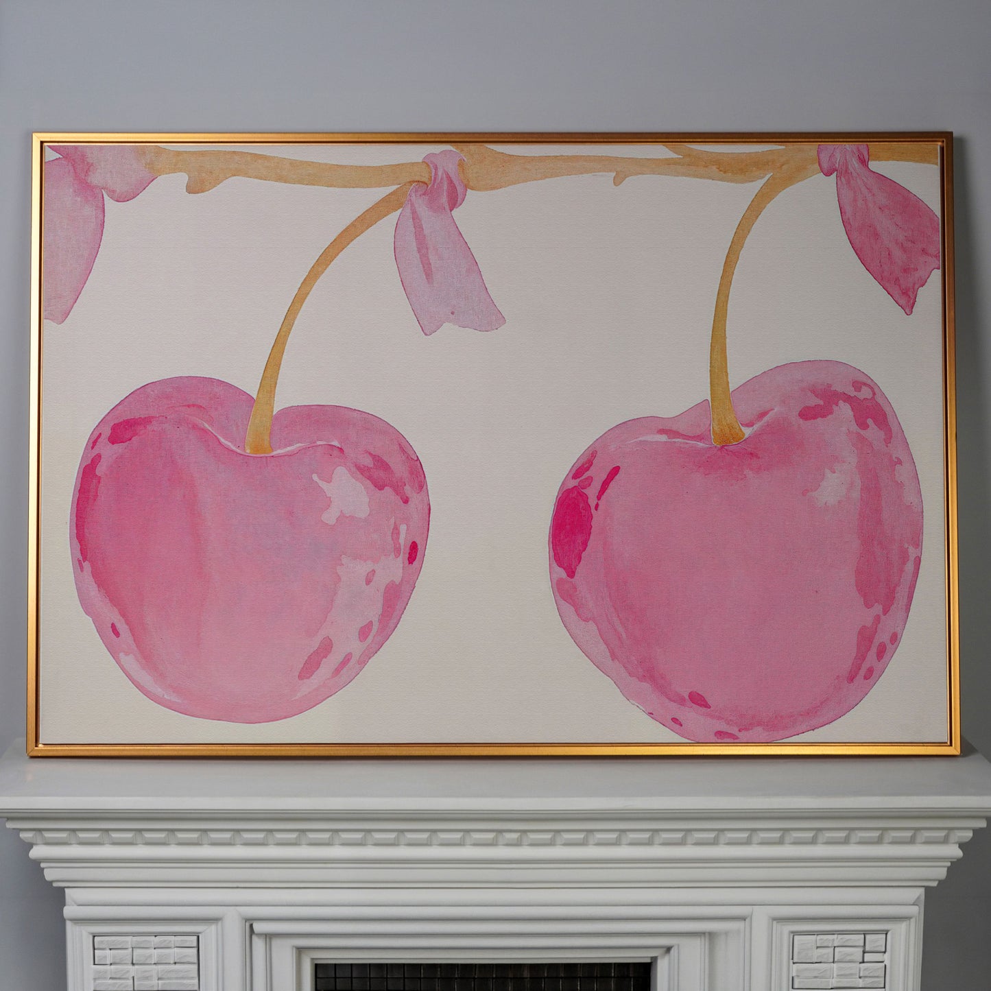 Watercolor Cherries Canvas Wall Art in antique gold floating frame