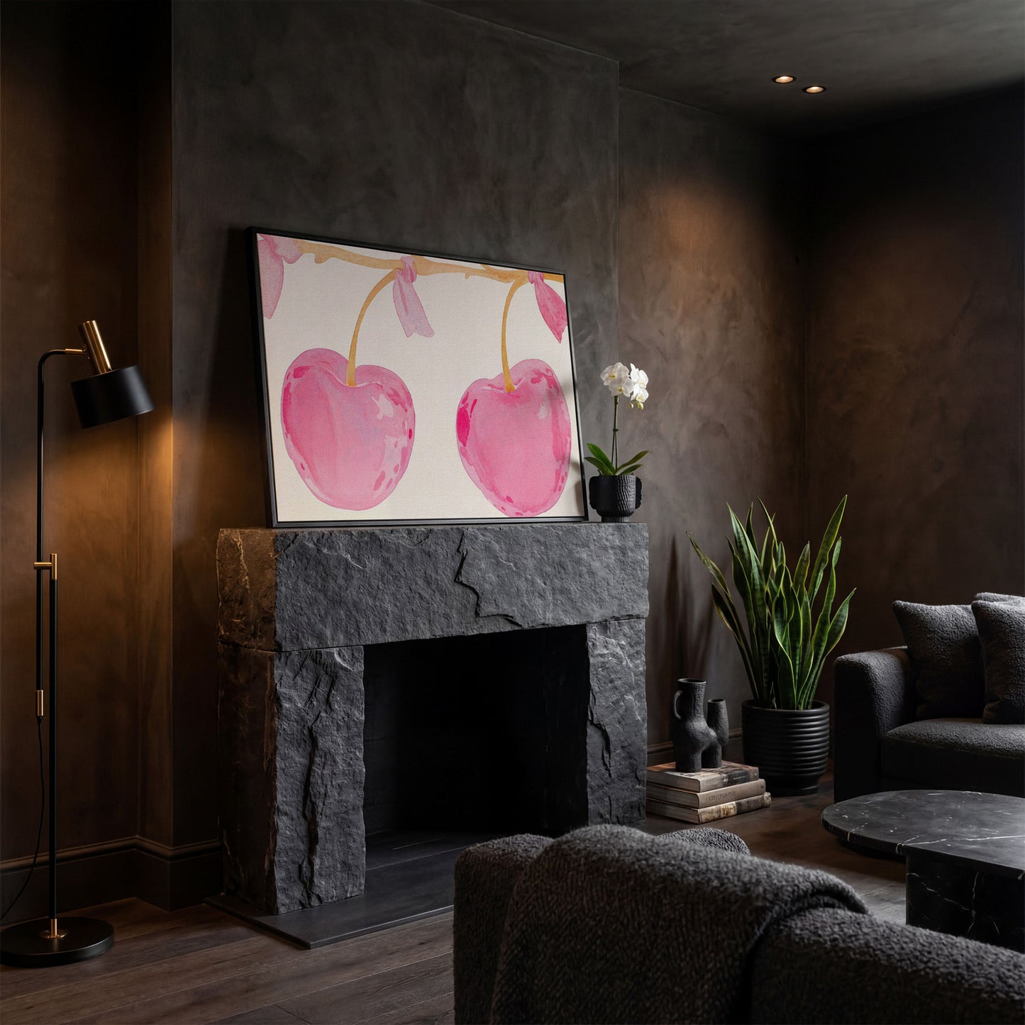 Watercolor Cherries Canvas Wall Art in black floating frame