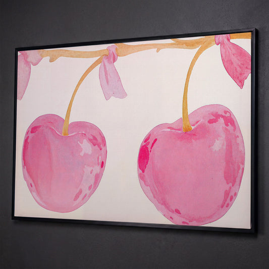 Watercolor Cherries Canvas Wall Art shown in black floating frame