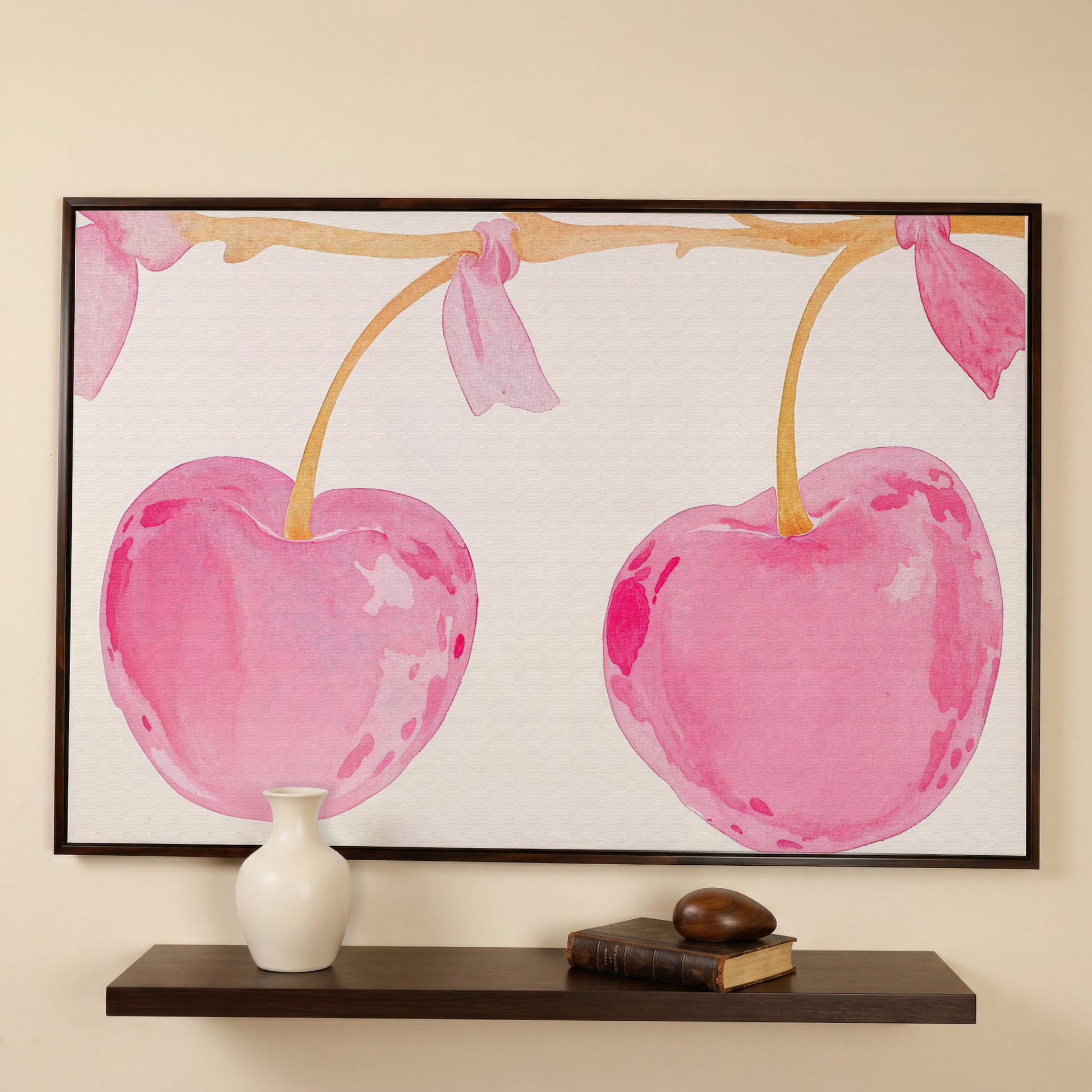 Watercolor Cherries Canvas Wall Art in dark walnut floating frame