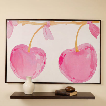 Watercolor Cherries Canvas Wall Art in dark walnut floating frame