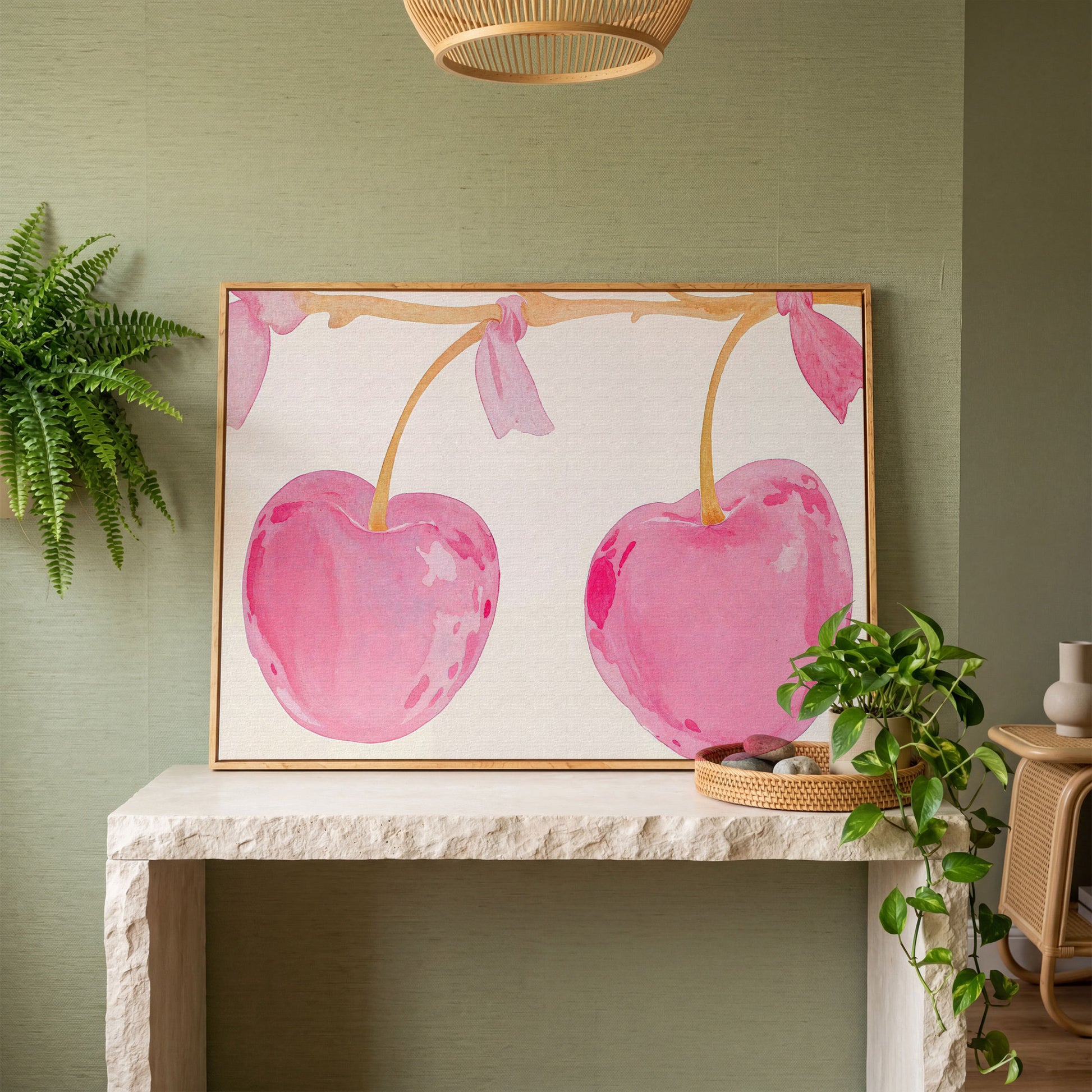 Watercolor Cherries Canvas Wall Art in white oak floating frame