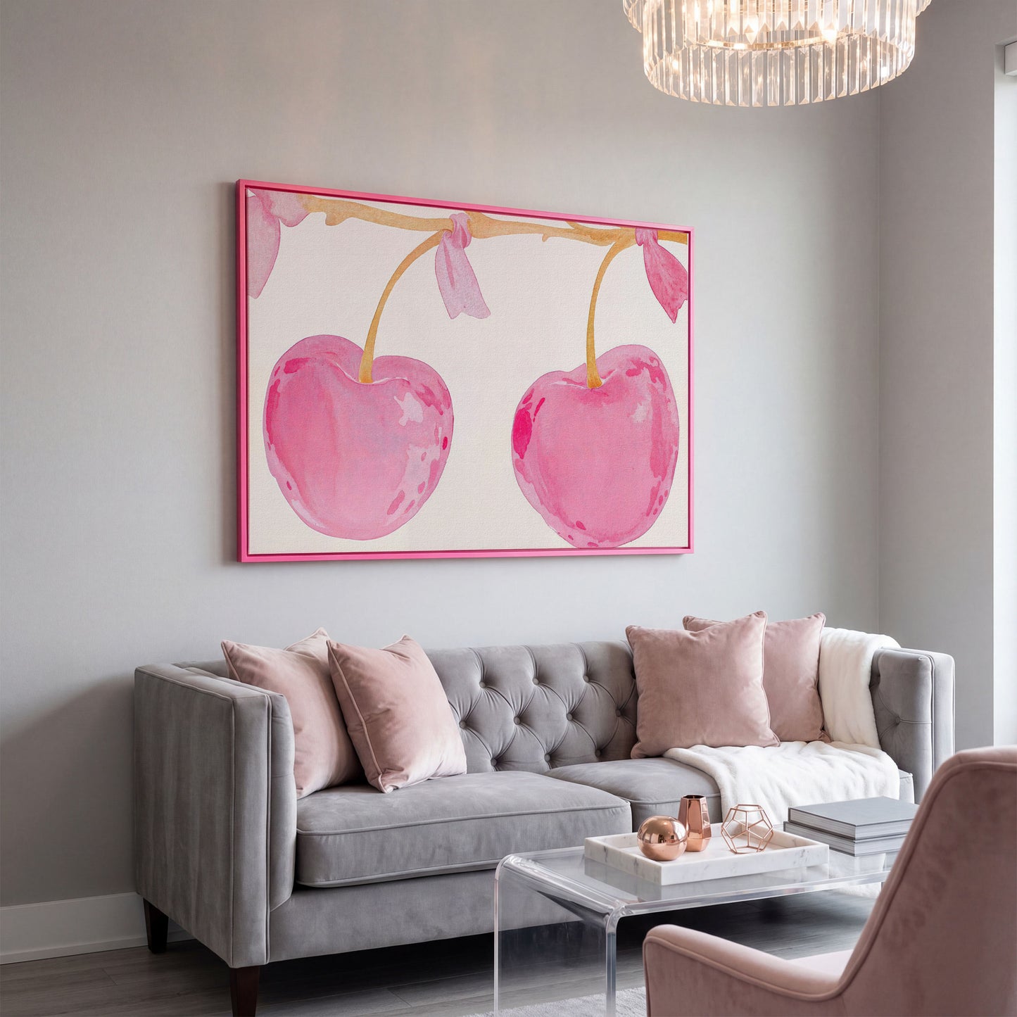 Watercolor Cherries Canvas Wall Art in pink floating frame