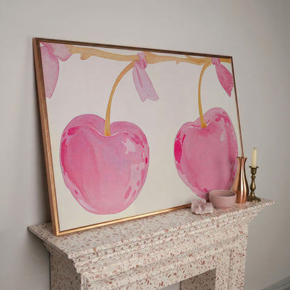 Watercolor Cherries Canvas Wall Art in rose gold floating frame