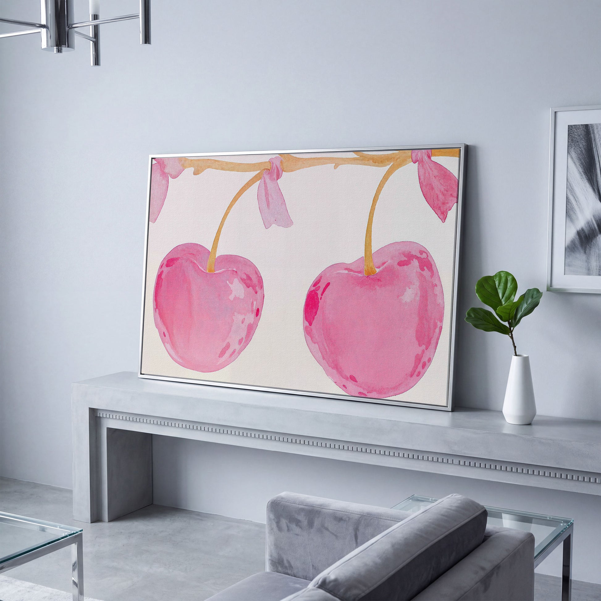 Watercolor Cherries Canvas Wall Art in silver floating frame
