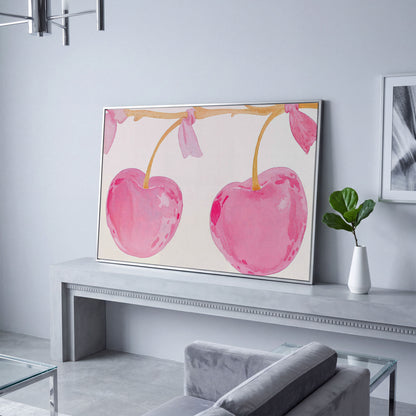 Watercolor Cherries Canvas Wall Art in silver floating frame