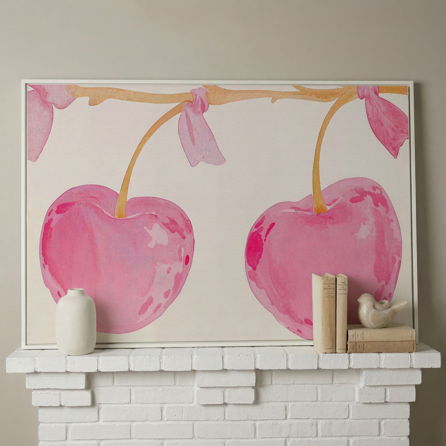 Watercolor Cherries Canvas Wall Art in white floating frame