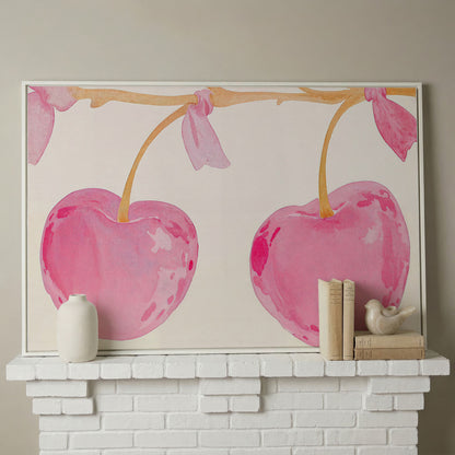 Watercolor Cherries Canvas Wall Art in white floating frame
