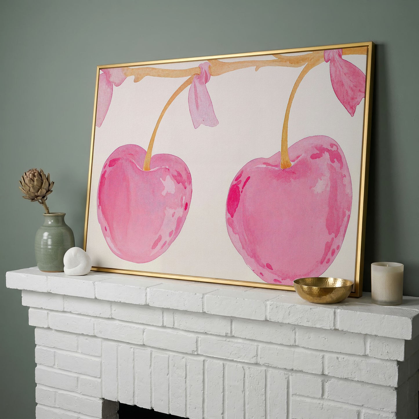Watercolor Cherries Canvas Wall Art in yellow gold floating frame
