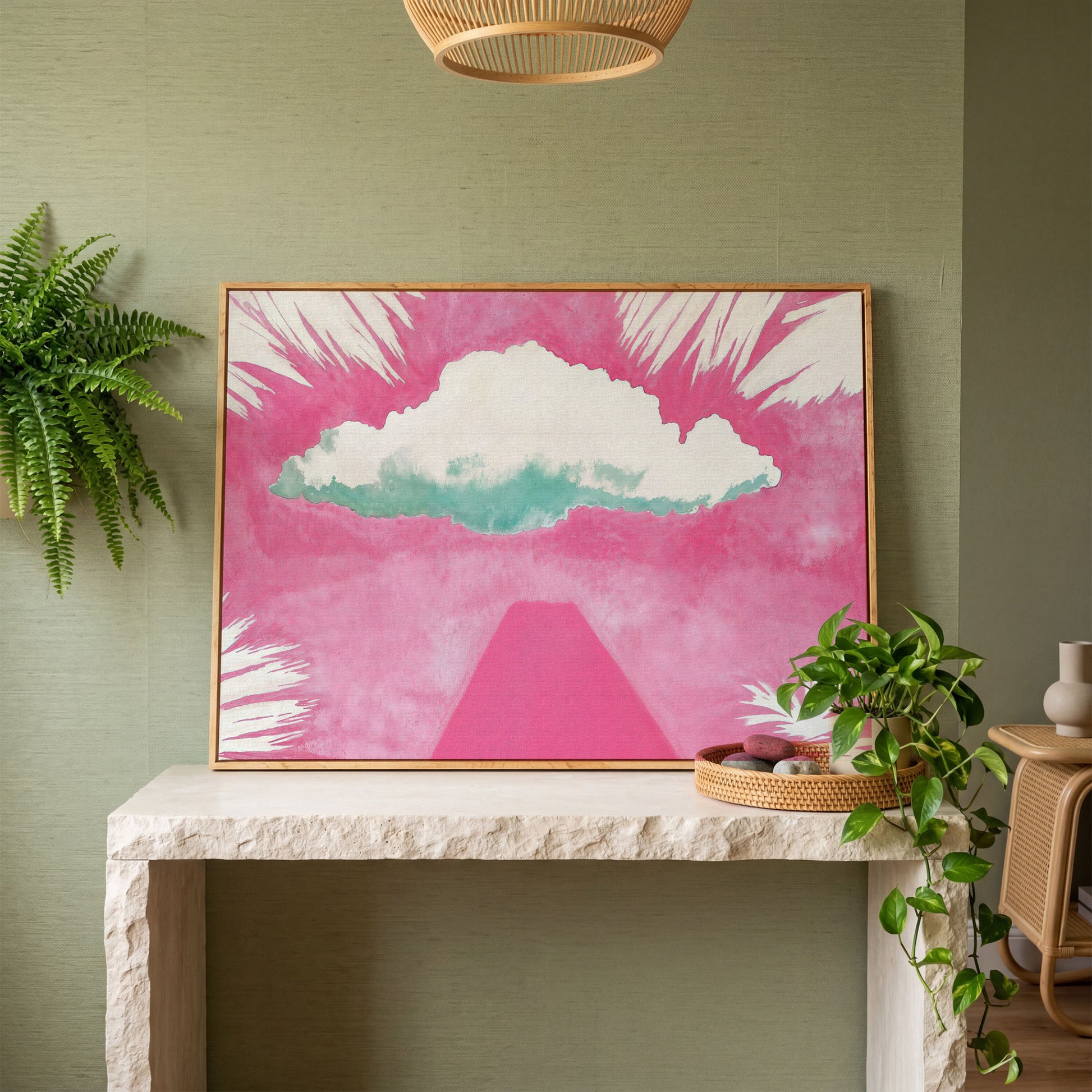 Dreamy Skies Minimalist Canvas Print in white oak floating frame